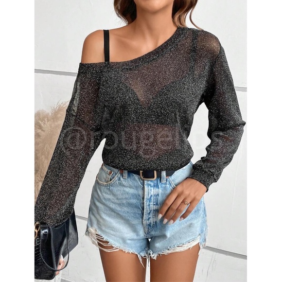 Black Lurex Sheer Black Long Sleeve Asymmetrical Neck - Picture 5 of 9